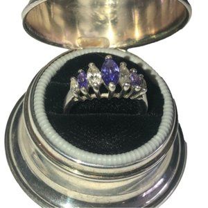 STERLING Silver Purple & Clear Stone Ring Antique Style Raised Setting Sz 7